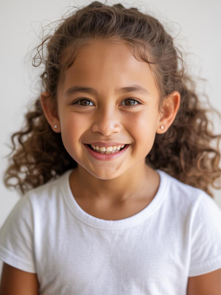 Isabella — AI child model: Curly brown hair, big smile, warm energy